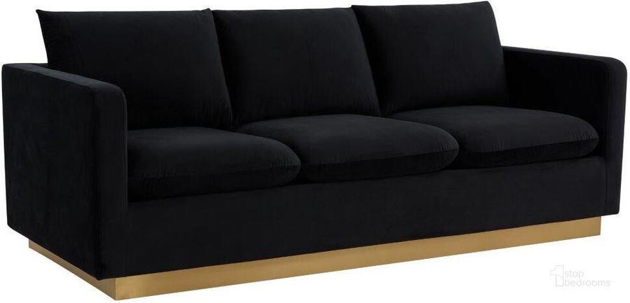 The appearance of Leisuremod Nervo Modern Mid-Century Upholstered Velvet Sofa With Gold Frame In Midnight Black designed by LeisureMod in the modern / contemporary interior design. This midnight black piece of furniture  was selected by 1StopBedrooms from Nervo Collection to add a touch of cosiness and style into your home. Sku: NS83BL. Product Type: Sofa. Material: Velvet. Image1