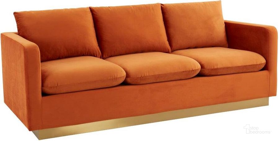 The appearance of Leisuremod Nervo Modern Mid-Century Upholstered Velvet Sofa With Gold Frame In Orange designed by LeisureMod in the modern / contemporary interior design. This orange piece of furniture  was selected by 1StopBedrooms from Nervo Collection to add a touch of cosiness and style into your home. Sku: NS83OR. Product Type: Sofa. Material: Velvet. Image1