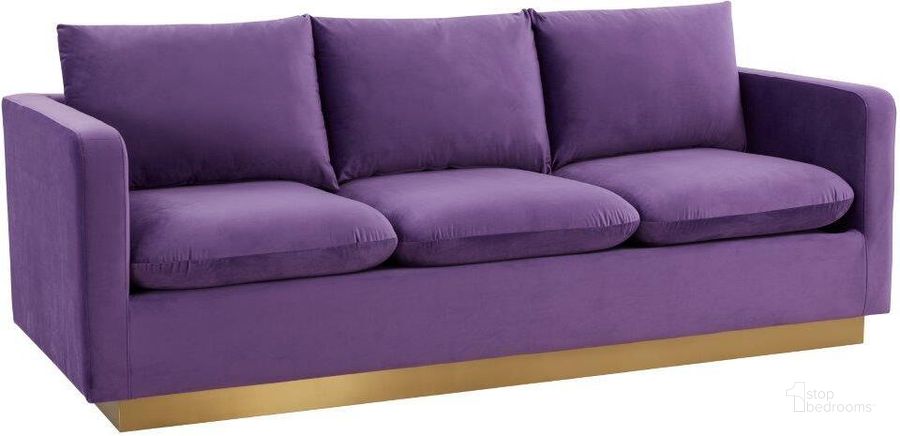 The appearance of Leisuremod Nervo Modern Mid-Century Upholstered Velvet Sofa With Gold Frame In Purple designed by LeisureMod in the modern / contemporary interior design. This purple piece of furniture  was selected by 1StopBedrooms from Nervo Collection to add a touch of cosiness and style into your home. Sku: NS83PU. Product Type: Sofa. Material: Velvet. Image1