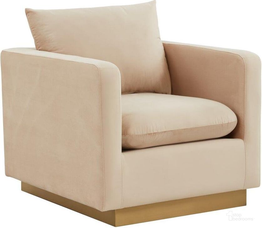 The appearance of Leisuremod Nervo Velvet Accent Arm Chair With Gold Frame In Beige designed by LeisureMod in the modern / contemporary interior design. This beige piece of furniture  was selected by 1StopBedrooms from Nervo Collection to add a touch of cosiness and style into your home. Sku: NS32BG. Product Type: Accent Chair. Material: Velvet. Image1