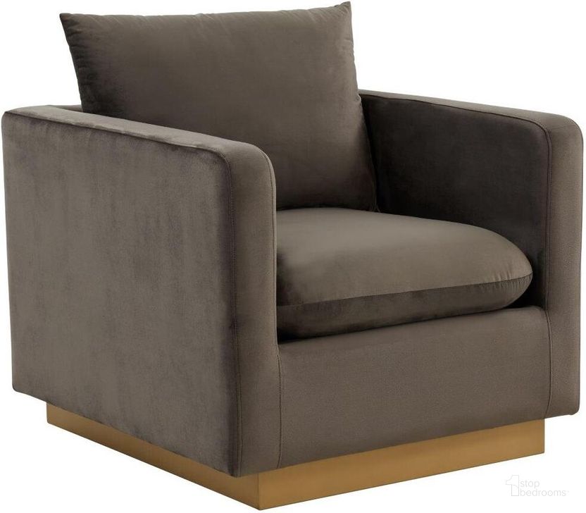 The appearance of Leisuremod Nervo Velvet Accent Arm Chair With Gold Frame In Dark Grey designed by LeisureMod in the modern / contemporary interior design. This dark grey piece of furniture  was selected by 1StopBedrooms from Nervo Collection to add a touch of cosiness and style into your home. Sku: NS32DGR. Product Type: Accent Chair. Material: Velvet. Image1
