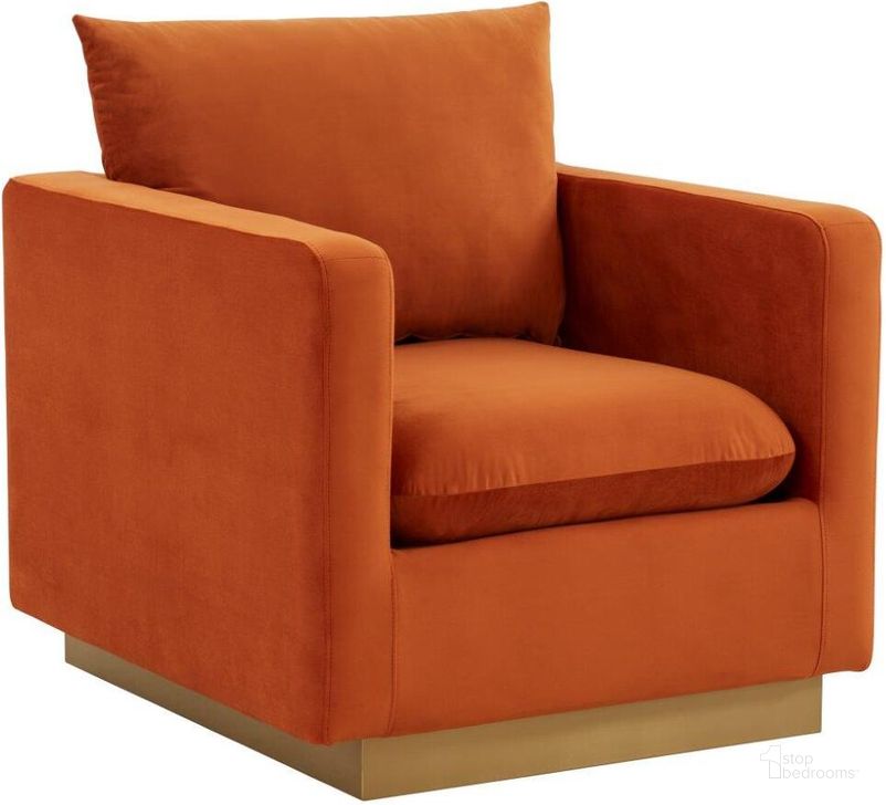 The appearance of Leisuremod Nervo Velvet Accent Arm Chair With Gold Frame In Orange designed by LeisureMod in the modern / contemporary interior design. This orange piece of furniture  was selected by 1StopBedrooms from Nervo Collection to add a touch of cosiness and style into your home. Sku: NS32OR. Product Type: Accent Chair. Material: Velvet. Image1