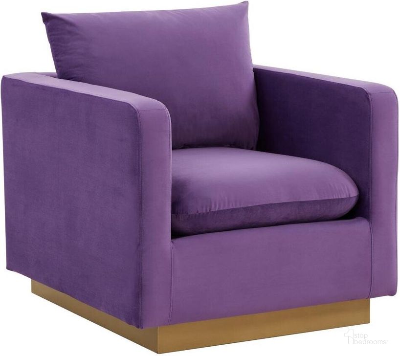 The appearance of Leisuremod Nervo Velvet Accent Arm Chair With Gold Frame In Purple designed by LeisureMod in the modern / contemporary interior design. This purple piece of furniture  was selected by 1StopBedrooms from Nervo Collection to add a touch of cosiness and style into your home. Sku: NS32PR. Product Type: Accent Chair. Material: Velvet. Image1