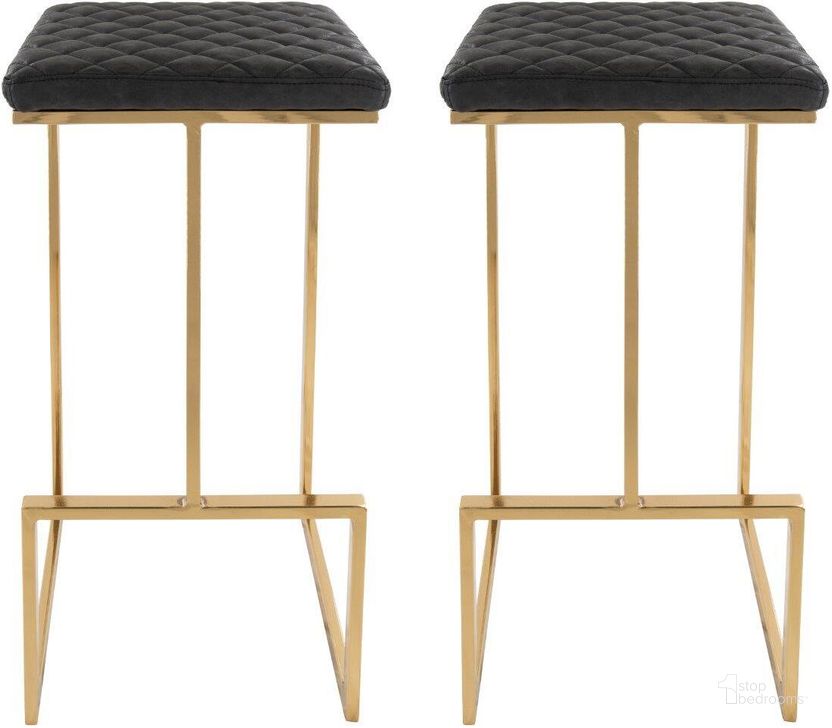 The appearance of Leisuremod Quincy Leather Charcoal Black Bar Stools With Gold Metal Frame Set Of 2 designed by LeisureMod in the modern / contemporary interior design. This charcoal piece of furniture  was selected by 1StopBedrooms from Quincy Collection to add a touch of cosiness and style into your home. Sku: QSG29BL2. Material: Metal. Product Type: Barstool. Image1