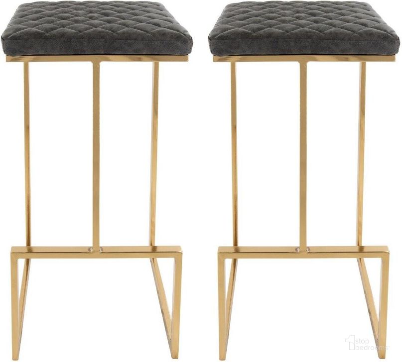 The appearance of Leisuremod Quincy Leather Grey Bar Stools With Gold Metal Frame Set Of 2 designed by LeisureMod in the modern / contemporary interior design. This grey piece of furniture  was selected by 1StopBedrooms from Quincy Collection to add a touch of cosiness and style into your home. Sku: QSG29GR2. Material: Metal. Product Type: Barstool. Image1