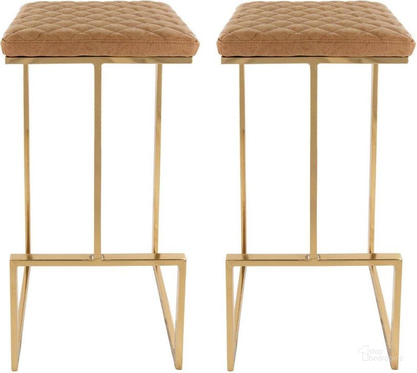 The appearance of Leisuremod Quincy Leather Light Brown Bar Stools With Gold Metal Frame Set Of 2 designed by LeisureMod in the modern / contemporary interior design. This light brown piece of furniture  was selected by 1StopBedrooms from Quincy Collection to add a touch of cosiness and style into your home. Sku: QSG29BR2. Material: Metal. Product Type: Barstool. Image1