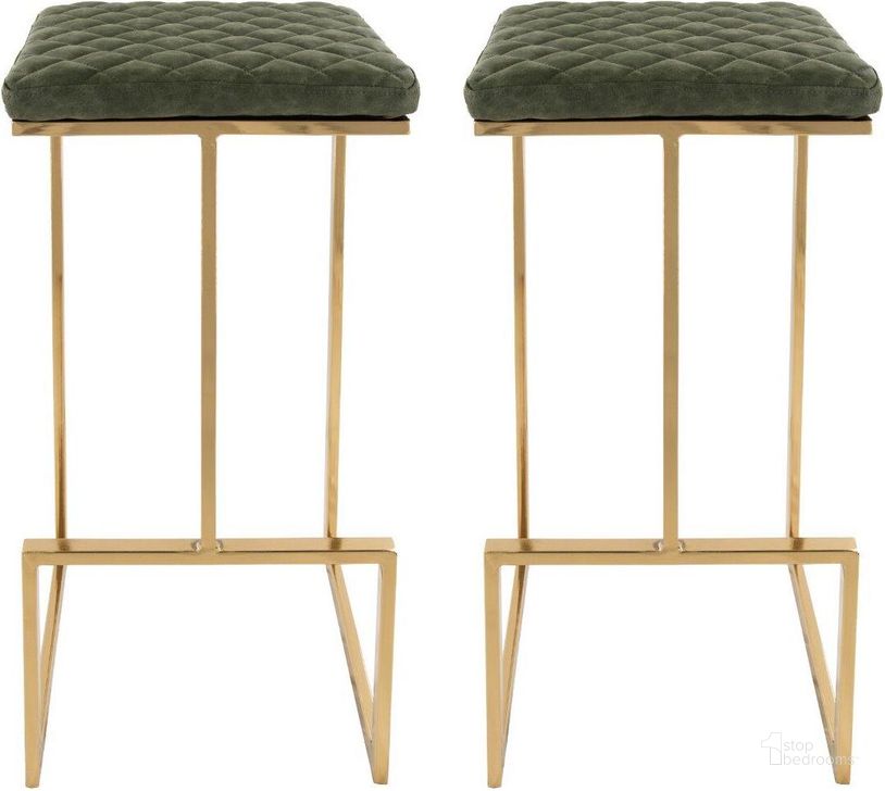 The appearance of Leisuremod Quincy Leather Olive Green Bar Stools With Gold Metal Frame Set Of 2 designed by LeisureMod in the modern / contemporary interior design. This olive green piece of furniture  was selected by 1StopBedrooms from Quincy Collection to add a touch of cosiness and style into your home. Sku: QSG29G2. Material: Metal. Product Type: Barstool. Image1