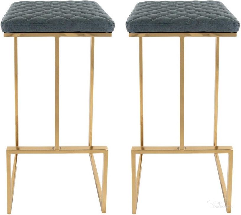 The appearance of Leisuremod Quincy Leather Peacock Blue Bar Stools With Gold Metal Frame Set Of 2 designed by LeisureMod in the modern / contemporary interior design. This blue piece of furniture  was selected by 1StopBedrooms from Quincy Collection to add a touch of cosiness and style into your home. Sku: QSG29BU2. Material: Metal. Product Type: Barstool. Image1