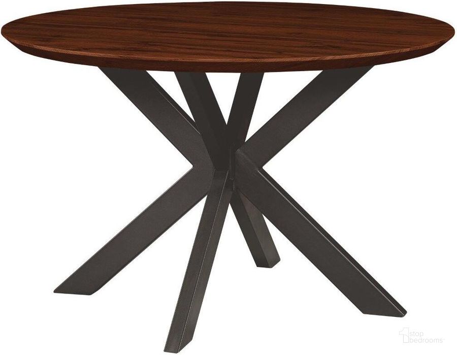 The appearance of LeisureMod Ravenna 47 Inch Round Wood Dining Table With Modern Metal Base In Dark Walnut designed by LeisureMod in the modern / contemporary interior design. This dark walnut piece of furniture  was selected by 1StopBedrooms from Ravenna Collection to add a touch of cosiness and style into your home. Sku: RTX47DW. Table Base Style: Trestle. Table Top Shape: Round. Product Type: Dining Table. Material: MDF. Size: 47". Image1