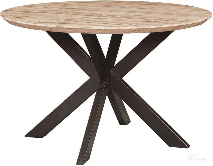The appearance of LeisureMod Ravenna 47 Inch Round Wood Dining Table With Modern Metal Base In Maple designed by LeisureMod in the modern / contemporary interior design. This maple piece of furniture  was selected by 1StopBedrooms from Ravenna Collection to add a touch of cosiness and style into your home. Sku: RTX47M. Table Base Style: Trestle. Table Top Shape: Round. Product Type: Dining Table. Material: MDF. Size: 47". Image1