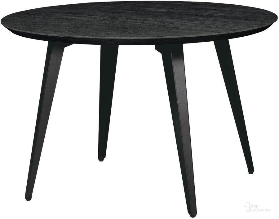 The appearance of LeisureMod Ravenna Modern Round Wood 47 Inch Dining Table With Metal Legs In Ebony designed by LeisureMod in the modern / contemporary interior design. This ebony piece of furniture  was selected by 1StopBedrooms from Ravenna Collection to add a touch of cosiness and style into your home. Sku: RTM47BL. Table Base Style: Legs. Table Top Shape: Round. Product Type: Dining Table. Material: MDF. Size: 47". Image1