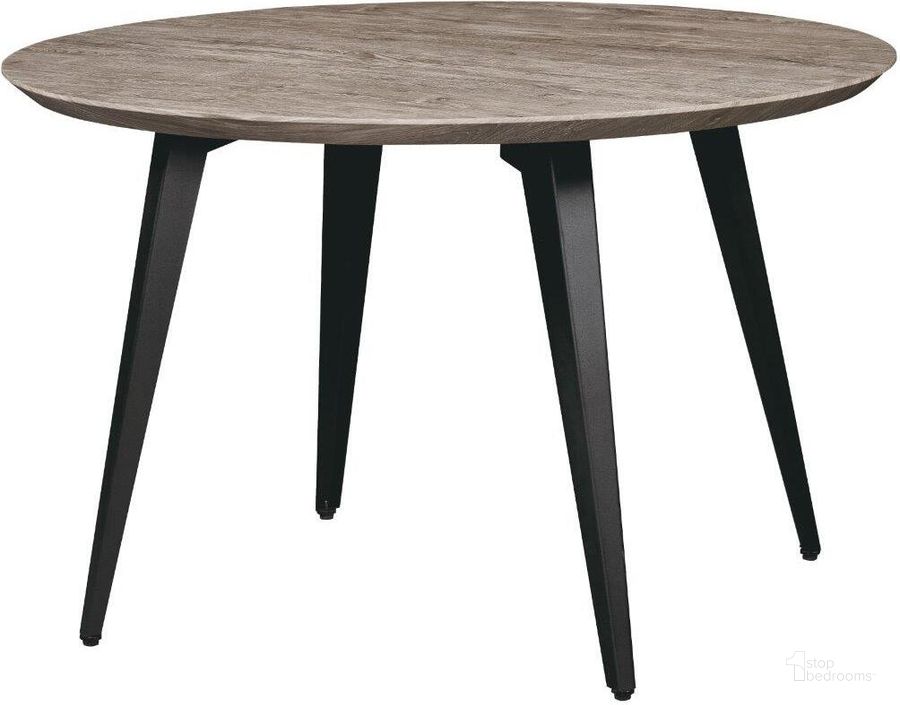 The appearance of LeisureMod Ravenna Modern Round Wood 47 Inch Dining Table With Metal Legs In Weathered Oak designed by LeisureMod in the modern / contemporary interior design. This weathered oak piece of furniture  was selected by 1StopBedrooms from Ravenna Collection to add a touch of cosiness and style into your home. Sku: RTM47WO. Table Base Style: Legs. Table Top Shape: Round. Product Type: Dining Table. Material: MDF. Size: 47". Image1