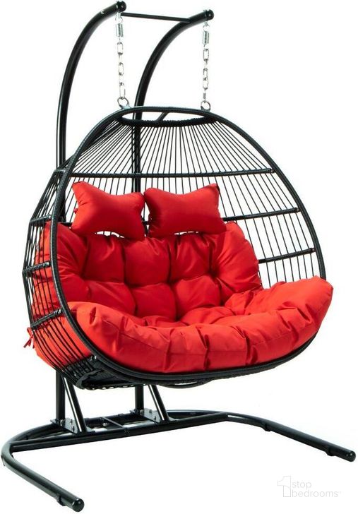 The appearance of LeisureMod Red Wicker 2 Person Double Folding Hanging Egg Swing Chair designed by LeisureMod in the modern / contemporary interior design. This red piece of furniture  was selected by 1StopBedrooms from  to add a touch of cosiness and style into your home. Sku: ESCF52R. Product Type: Outdoor Chair. Material: Wicker. Image1