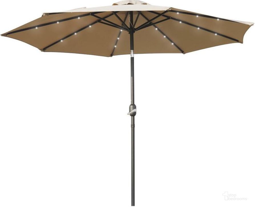 The appearance of LeisureMod Sierra Modern 9 ft Steel Market Patio Umbrella With Solar Powered LED and Tilt In Beige designed by LeisureMod in the modern / contemporary interior design. This beige piece of furniture  was selected by 1StopBedrooms from Sierra Collection to add a touch of cosiness and style into your home. Sku: SUBL-9BG. Material: Polyester. Product Type: Umbrella. Image1