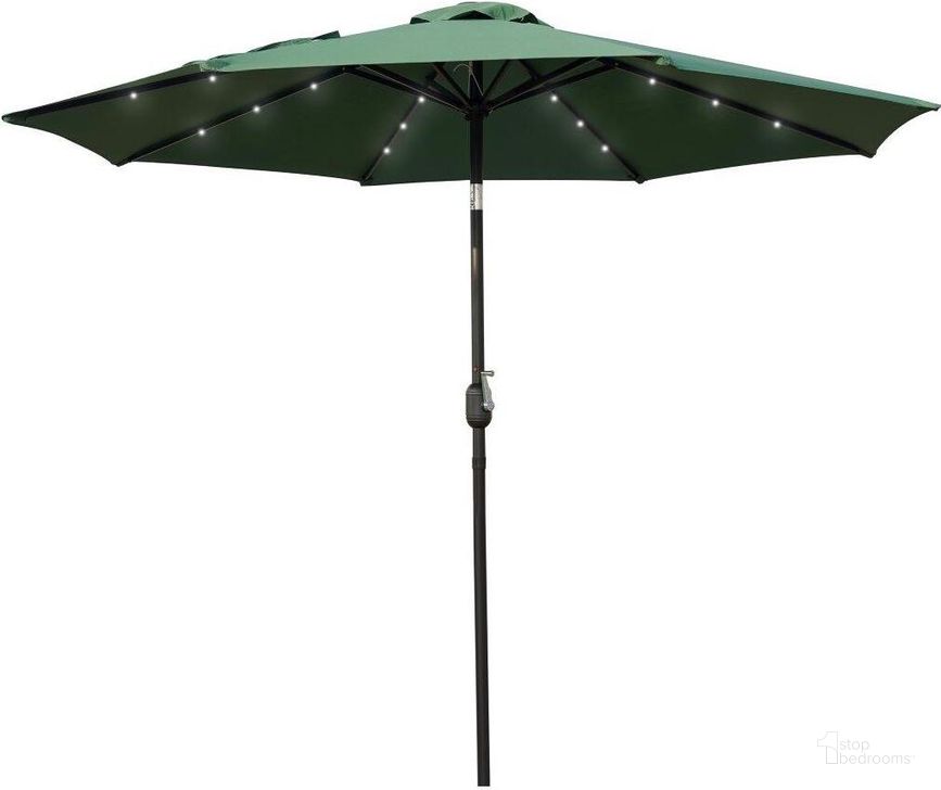 The appearance of LeisureMod Sierra Modern 9 ft Steel Market Patio Umbrella With Solar Powered LED and Tilt In Green designed by LeisureMod in the modern / contemporary interior design. This green piece of furniture  was selected by 1StopBedrooms from Sierra Collection to add a touch of cosiness and style into your home. Sku: SUBL-9G. Material: Polyester. Product Type: Umbrella. Image1