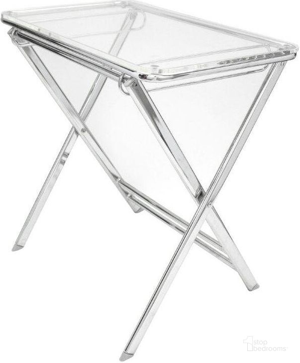 The appearance of LeisureMod Victorian Clear Foldable End Side Table Tray designed by LeisureMod in the modern / contemporary interior design. This clear piece of furniture  was selected by 1StopBedrooms from Victorian Collection to add a touch of cosiness and style into your home. Sku: VT24CL. Product Type: Side Table. Material: Acrylic. Image1