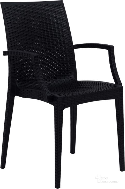 The appearance of LeisureMod Weave Black Mace Indoor Outdoor Arm Chair designed by LeisureMod in the modern / contemporary interior design. This black piece of furniture  was selected by 1StopBedrooms from Weave Collection to add a touch of cosiness and style into your home. Sku: MCA19BL. Material: Polypropylene. Product Type: Outdoor Chair. Image1