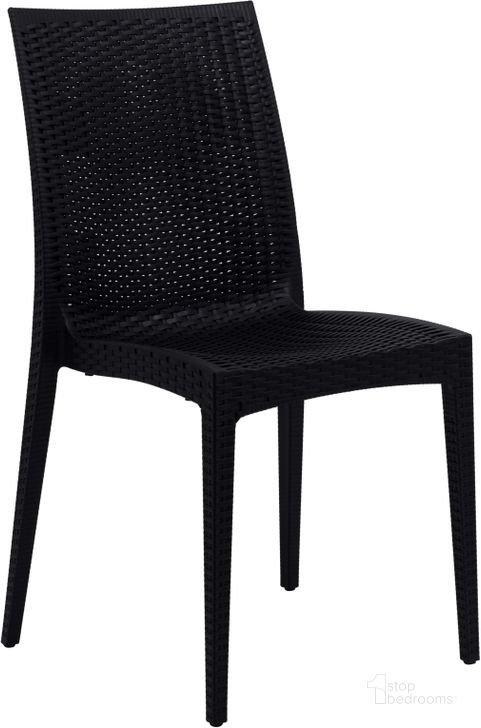 The appearance of LeisureMod Weave Black Mace Indoor Outdoor Dining Chair designed by LeisureMod in the modern / contemporary interior design. This black piece of furniture  was selected by 1StopBedrooms from Weave Collection to add a touch of cosiness and style into your home. Sku: MC19BL. Material: Polypropylene. Product Type: Outdoor Dining Chair. Image1