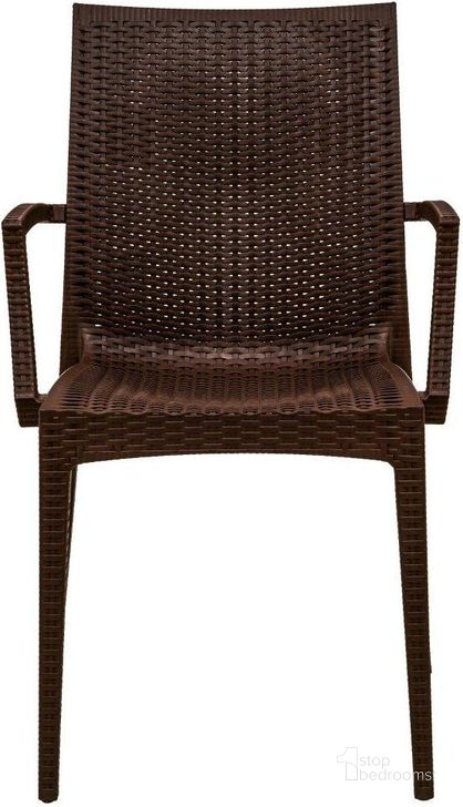 The appearance of LeisureMod Weave Brown Mace Indoor Outdoor Arm Chair designed by LeisureMod in the modern / contemporary interior design. This brown piece of furniture  was selected by 1StopBedrooms from Weave Collection to add a touch of cosiness and style into your home. Sku: MCA19BR. Material: Polypropylene. Product Type: Outdoor Chair. Image1