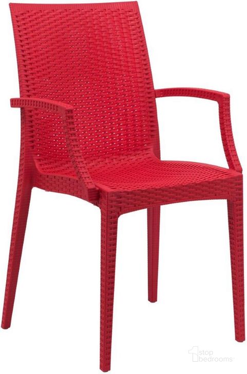 The appearance of LeisureMod Weave Red Mace Indoor Outdoor Arm Chair designed by LeisureMod in the modern / contemporary interior design. This red piece of furniture  was selected by 1StopBedrooms from Weave Collection to add a touch of cosiness and style into your home. Sku: MCA19R. Material: Polypropylene. Product Type: Outdoor Chair. Image1