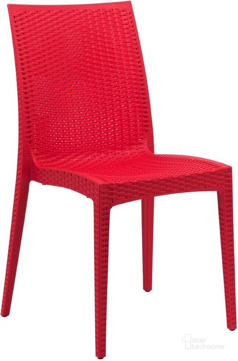 The appearance of LeisureMod Weave Red Mace Indoor Outdoor Dining Chair designed by LeisureMod in the modern / contemporary interior design. This red piece of furniture  was selected by 1StopBedrooms from Weave Collection to add a touch of cosiness and style into your home. Sku: MC19R. Material: Polypropylene. Product Type: Outdoor Dining Chair. Image1