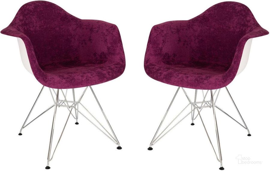 The appearance of Leisuremod Willow Velvet Eiffel Metal Base Accent Chair Set Of 2 WM24VPR2 designed by LeisureMod in the modern / contemporary interior design. This purple piece of furniture  was selected by 1StopBedrooms from Willow Collection to add a touch of cosiness and style into your home. Sku: WM24VPR2. Material: Metal. Product Type: Accent Chair. Image1