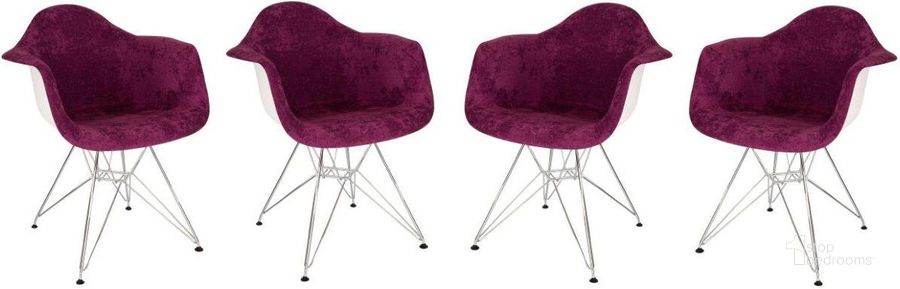 The appearance of Leisuremod Willow Velvet Eiffel Metal Base Accent Chair Set Of 4 WM24VPR4 designed by LeisureMod in the modern / contemporary interior design. This purple piece of furniture  was selected by 1StopBedrooms from Willow Collection to add a touch of cosiness and style into your home. Sku: WM24VPR4. Material: Metal. Product Type: Accent Chair. Image1