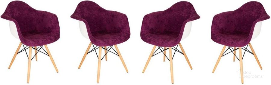 The appearance of Leisuremod Willow Velvet Eiffel Wooden Base Accent Chair Set Of 4 W24VPR4 designed by LeisureMod in the modern / contemporary interior design. This purple piece of furniture  was selected by 1StopBedrooms from Willow Collection to add a touch of cosiness and style into your home. Sku: W24VPR4. Product Type: Accent Chair. Material: Velvet. Image1