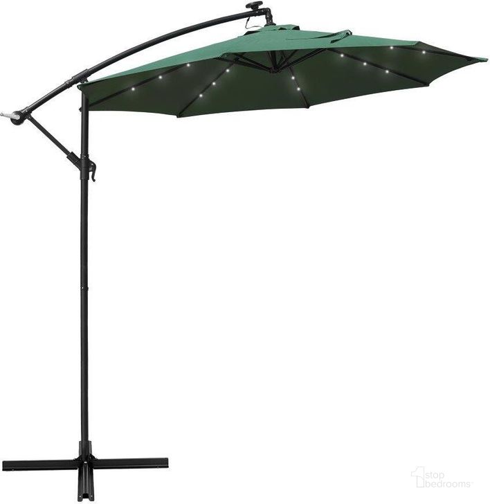 The appearance of LeisureMod Willry Modern Outdoor 10 Ft Offset Cantilever Hanging Patio Umbrella With Solar Powered LED In Green designed by LeisureMod in the modern / contemporary interior design. This green piece of furniture  was selected by 1StopBedrooms from Willary Collection to add a touch of cosiness and style into your home. Sku: WUBL-10G. Material: Polyester. Product Type: Outdoor Accessory. Image1