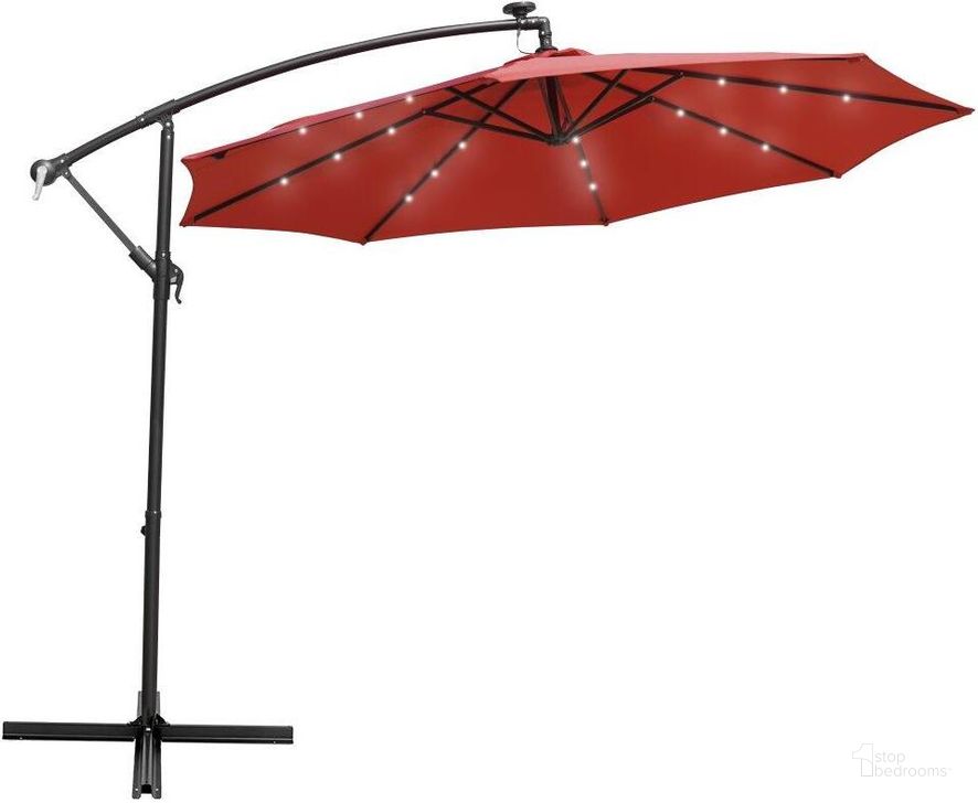 The appearance of LeisureMod Willry Modern Outdoor 10 Ft Offset Cantilever Hanging Patio Umbrella With Solar Powered LED In Red designed by LeisureMod in the modern / contemporary interior design. This red piece of furniture  was selected by 1StopBedrooms from Willary Collection to add a touch of cosiness and style into your home. Sku: WUBL-10R. Material: Polyester. Product Type: Outdoor Accessory. Image1