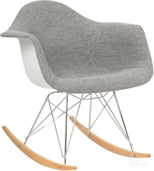 The appearance of LeisureMod Wilson Grey Eiffel Rocking Chair designed by LeisureMod in the modern / contemporary interior design. This grey piece of furniture  was selected by 1StopBedrooms from Wilson Collection to add a touch of cosiness and style into your home. Sku: WR25GRT. Material: Polyester. Product Type: Chair. Image1