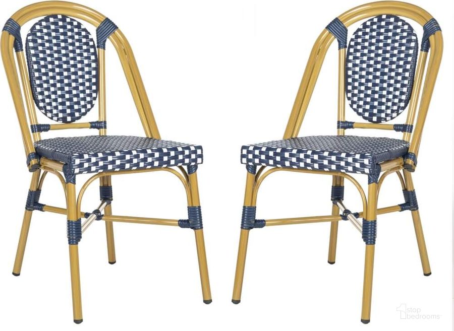 The appearance of Lenda Navy and White and Brown Frame French Stackable Bistro Chair Set of 2 designed by Safavieh in the modern / contemporary interior design. This navy piece of furniture  was selected by 1StopBedrooms from Safavieh PAT Collection to add a touch of cosiness and style into your home. Sku: PAT4036A-SET2. Product Type: Chair. Material: Aluminium. Image1