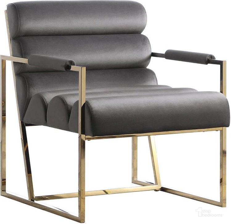 The appearance of Lennox Gray Velvet Arm Chair In Gold designed by Best Master Furniture in the modern / contemporary interior design. This gray piece of furniture  was selected by 1StopBedrooms from Lennox Collection to add a touch of cosiness and style into your home. Sku: LX031VGG. Product Type: Arm Chair. Material: Velvet. Image1