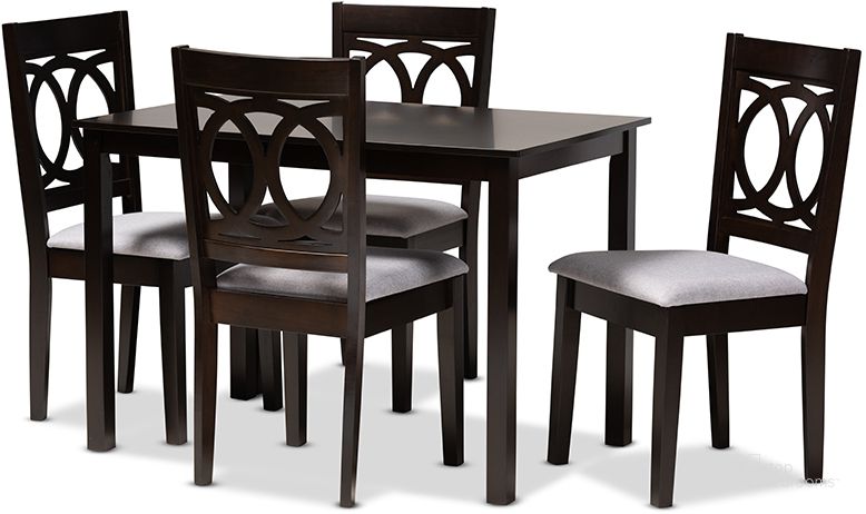 The appearance of Lenoir Modern And Contemporary Gray Fabric Upholstered Espresso Brown Finished Wood 5-Piece Dining Set designed by Baxton Studio in the modern / contemporary interior design. This gray piece of furniture  was selected by 1StopBedrooms from Essential Collection to add a touch of cosiness and style into your home. Sku: RH315C-Grey/Dark Brown-5PC Dining Set. Product Type: Dining Room Set. Material: Rubberwood. Image1
