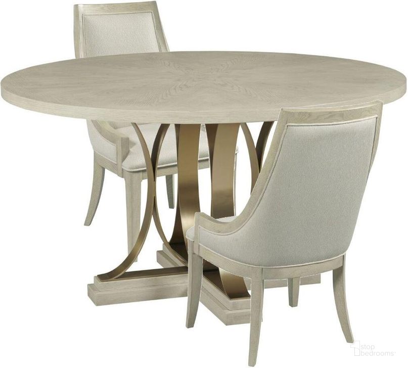 The appearance of Lenox Plaza Alabaster Dining Room Set designed by American Drew in the transitional interior design. This white piece of furniture  was selected by 1StopBedrooms from Lenox Collection to add a touch of cosiness and style into your home. Sku: 923-701R;923-622. Table Base Style: Pedestal. Table Top Shape: Round. Material: Wood. Product Type: Dining Room Set. Image1
