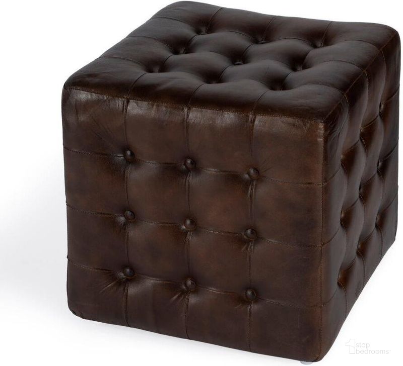 The appearance of Leon Button Tufted Leather Ottoman In Chocolate designed by Butler Specialty Company in the transitional interior design. This chocolate piece of furniture  was selected by 1StopBedrooms from Claremont Collection to add a touch of cosiness and style into your home. Sku: 6165117. Material: Wood. Product Type: Ottoman. Image1