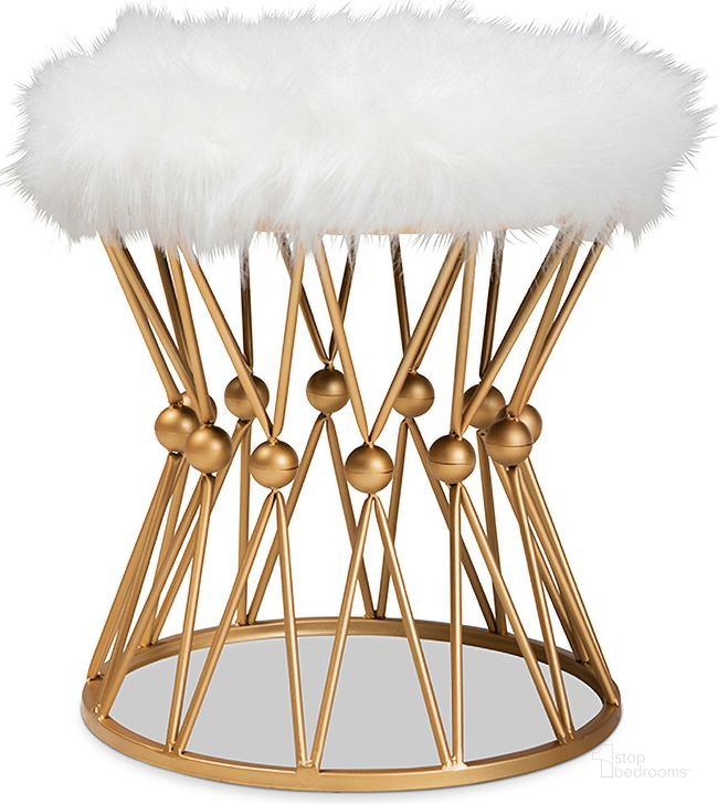 The appearance of Leonie Glam And Luxe White Faux Fur Upholstered Gold Finished Metal Ottoman designed by Baxton Studio in the glam interior design. This white piece of furniture  was selected by 1StopBedrooms from Leonie Collection to add a touch of cosiness and style into your home. Sku: FJ5A-025-White/Gold-Otto. Product Type: Ottoman. Material: Iron. Image1
