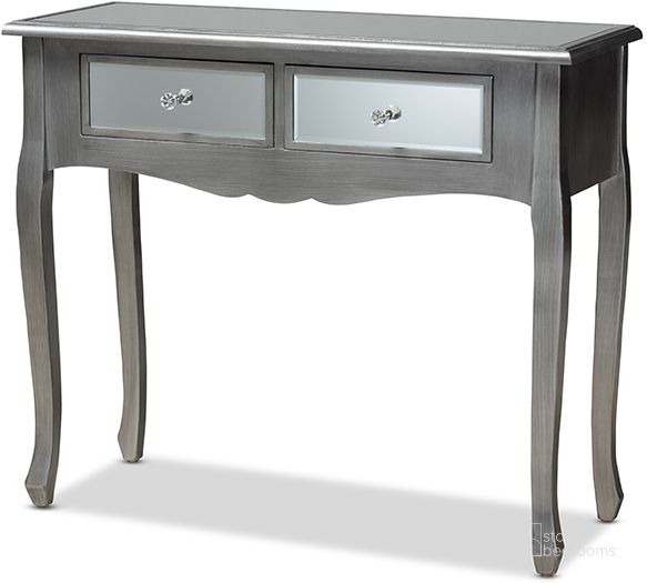 The appearance of Leonie Modern Transitional French Brushed Silver Finished Wood And Mirrored Glass 2-Drawer Console Table designed by Baxton Studio in the rustic / southwestern interior design. This silver piece of furniture  was selected by 1StopBedrooms from Leonie Collection to add a touch of cosiness and style into your home. Sku: YA2-Silver-Console. Product Type: Console Table. Material: MDF. Image1