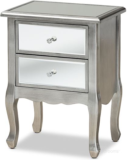 The appearance of Leonie Modern Transitional French Brushed Silver Finished Wood And Mirrored Glass 2-Drawer Nightstand designed by Baxton Studio in the transitional interior design. This silver piece of furniture  was selected by 1StopBedrooms from Leonie Collection to add a touch of cosiness and style into your home. Sku: JY18A035-Silver-NS. Product Type: Nightstand. Material: MDF. Image1