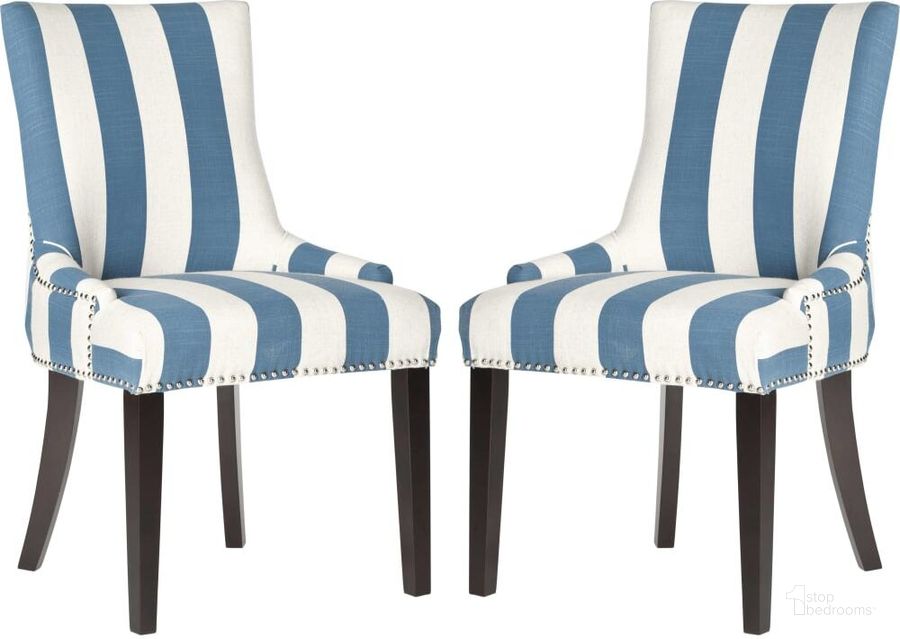 The appearance of Lester Blue and White Awning Stripe Dining Chair with Nailhead Detail designed by Safavieh in the transitional interior design. This blue and white piece of furniture  was selected by 1StopBedrooms from Lester Collection to add a touch of cosiness and style into your home. Sku: MCR4709AJ-SET2. Product Type: Dining Chair. Material: Stainless Steel. Image1