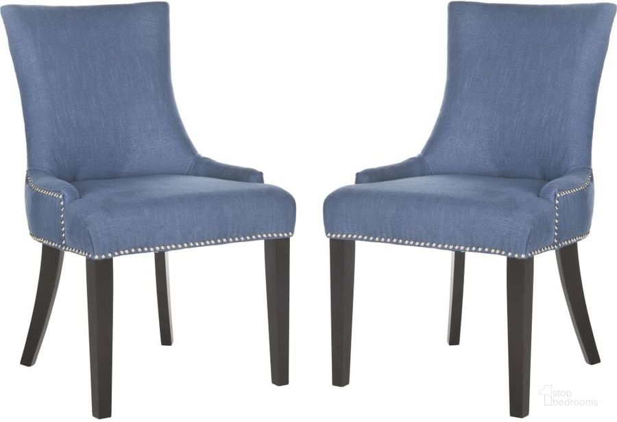 The appearance of Lester Blue Dining Chair with Silver Nailhead Detail MCR4709AE designed by Safavieh in the modern / contemporary interior design. This navy piece of furniture  was selected by 1StopBedrooms from Dariela Collection to add a touch of cosiness and style into your home. Sku: MCR4709AE-SET2. Product Type: Dining Chair. Material: Stainless Steel. Image1