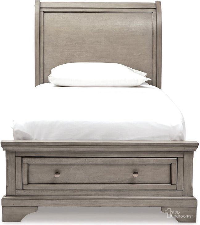 The appearance of Lettner Light Gray Twin Storage Sleigh Bed designed by Signature Design by Ashley in the transitional interior design. This light gray piece of furniture  was selected by 1StopBedrooms from Lettner Collection to add a touch of cosiness and style into your home. Sku: B733-183;B733-52S;B733-53. Bed Type: Storage Bed. Material: Wood. Product Type: Storage Bed. Bed Size: Twin. Image1