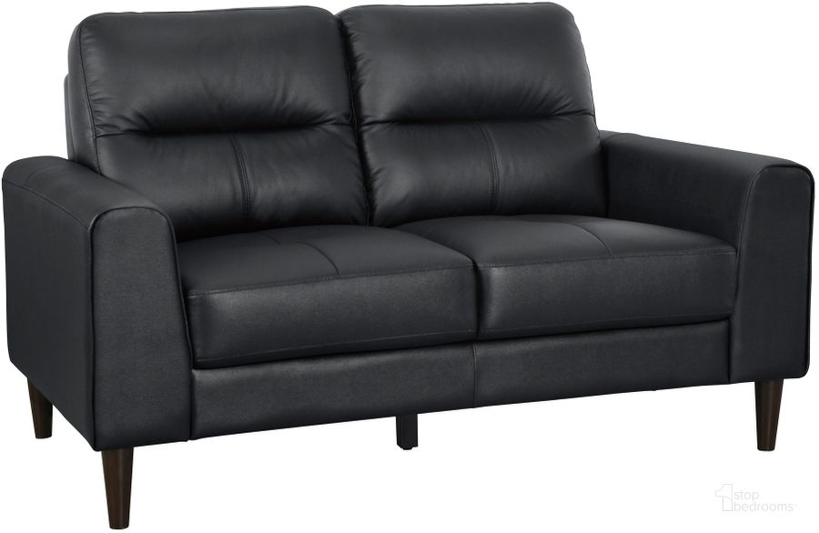 The appearance of Lewes Leather Loveseat In Black designed by Homelegance in the modern / contemporary interior design. This black piece of furniture  was selected by 1StopBedrooms from Lewes Collection to add a touch of cosiness and style into your home. Sku: 8566BLK-2. Material: Faux Leather. Product Type: Loveseat. Image1