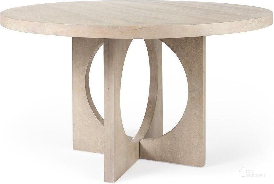 The appearance of Liesl Barely Gray Finished Wood With Circular Top Dining Table designed by Mercana in the modern / contemporary interior design. This natural piece of furniture  was selected by 1StopBedrooms from Liesl Collection to add a touch of cosiness and style into your home. Sku: 69184. Table Base Style: Pedestal. Table Top Shape: Round. Material: Wood. Product Type: Dining Table. Size: 54". Image1