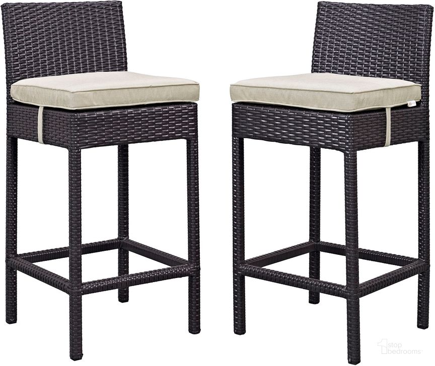 The appearance of Lift Espresso Beige Bar Stool Outdoor Patio Set of 2 designed by Modway in the modern / contemporary interior design. This espresso beige piece of furniture  was selected by 1StopBedrooms from Lift Collection to add a touch of cosiness and style into your home. Sku: EEI-1281-EXP-BEI. Material: Rattan. Product Type: Outdoor Bar Furniture. Image1