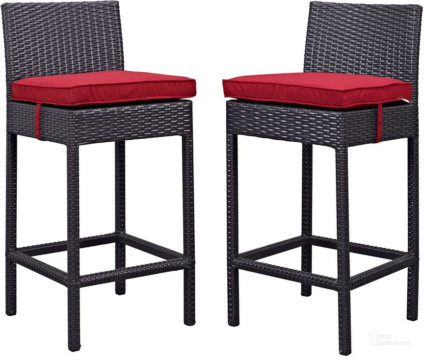 The appearance of Lift Espresso Red Bar Stool Outdoor Patio Set of 2 designed by Modway in the modern / contemporary interior design. This espresso red piece of furniture  was selected by 1StopBedrooms from Lift Collection to add a touch of cosiness and style into your home. Sku: EEI-1281-EXP-RED. Material: Rattan. Product Type: Outdoor Bar Furniture. Image1
