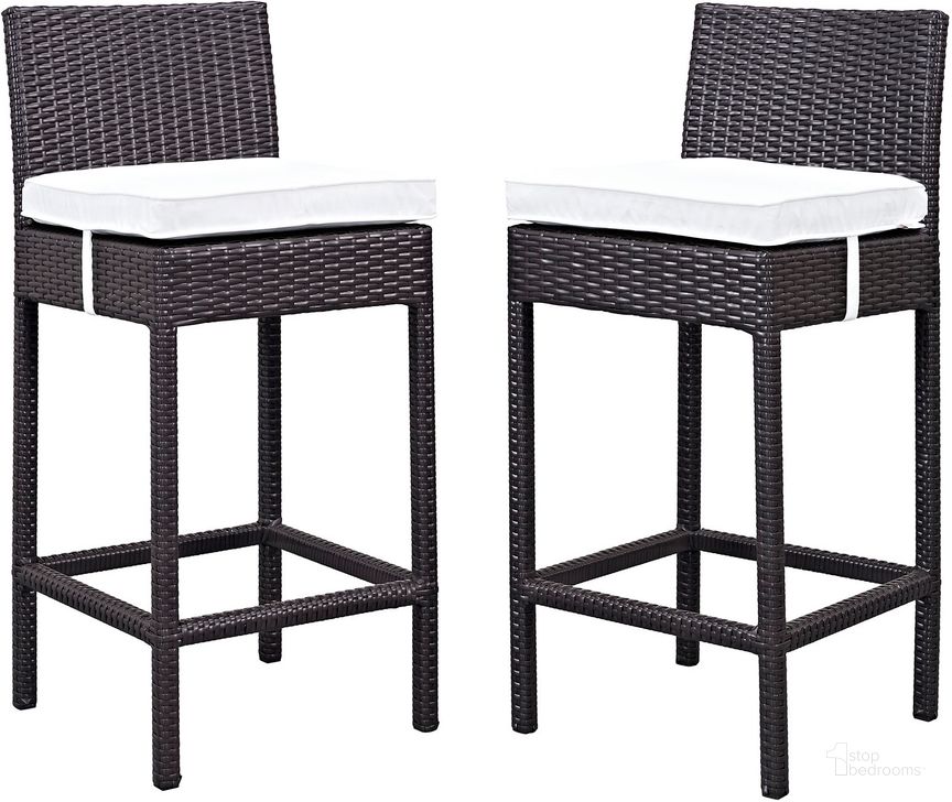 The appearance of Lift Espresso White Bar Stool Outdoor Patio Set of 2 designed by Modway in the modern / contemporary interior design. This espresso white piece of furniture  was selected by 1StopBedrooms from Lift Collection to add a touch of cosiness and style into your home. Sku: EEI-1281-EXP-WHI. Material: Rattan. Product Type: Outdoor Bar Furniture. Image1