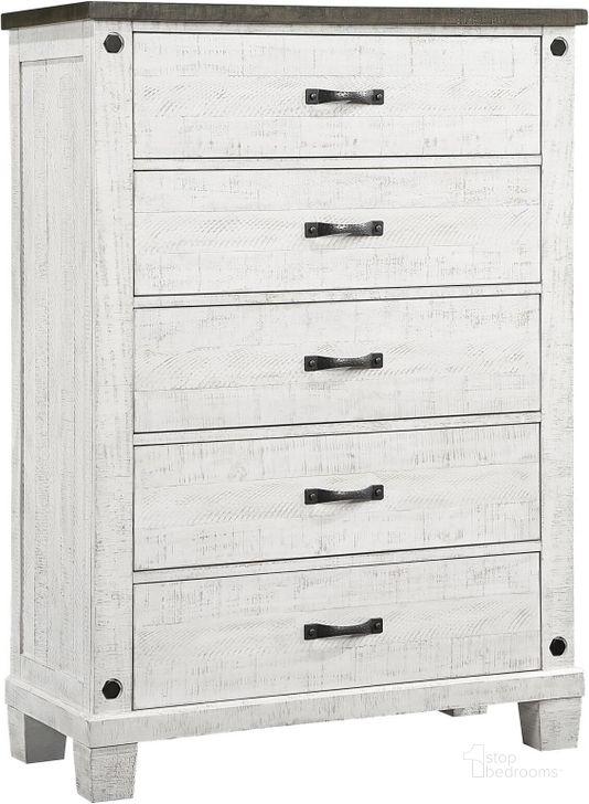The appearance of Lilith 5-Drawer Chest In Distressed Grey and White designed by Coaster in the rustic / southwestern interior design. This distressed grey/white piece of furniture  was selected by 1StopBedrooms from Lilith Collection to add a touch of cosiness and style into your home. Sku: 224475. Material: Wood. Product Type: Chest. Image1
