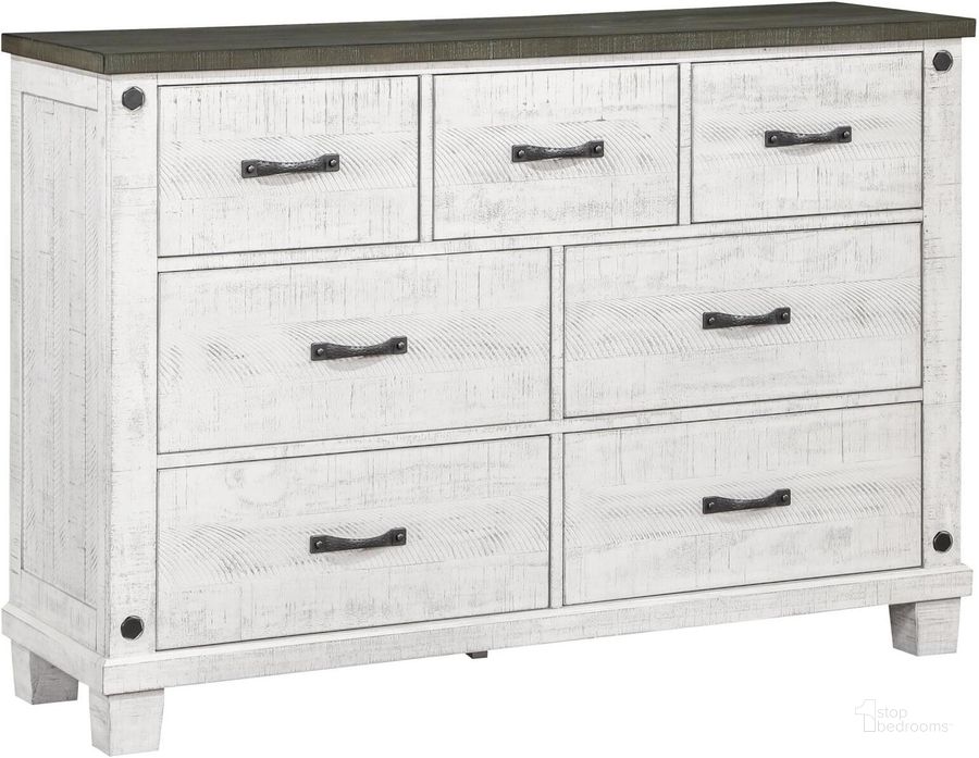The appearance of Lilith 7-Drawer Dresser In Distressed Grey and White designed by Coaster in the rustic / southwestern interior design. This distressed grey/white piece of furniture  was selected by 1StopBedrooms from Lilith Collection to add a touch of cosiness and style into your home. Sku: 224473. Material: Wood. Product Type: Dresser. Image1