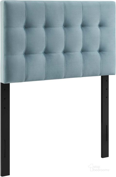 The appearance of Lily Light Blue Biscuit Tufted Twin Performance Velvet Headboard designed by Modway in the modern / contemporary interior design. This light blue piece of furniture  was selected by 1StopBedrooms from Lily Collection to add a touch of cosiness and style into your home. Sku: MOD-6118-LBU. Product Type: Headboard. Material: MDF. Image1